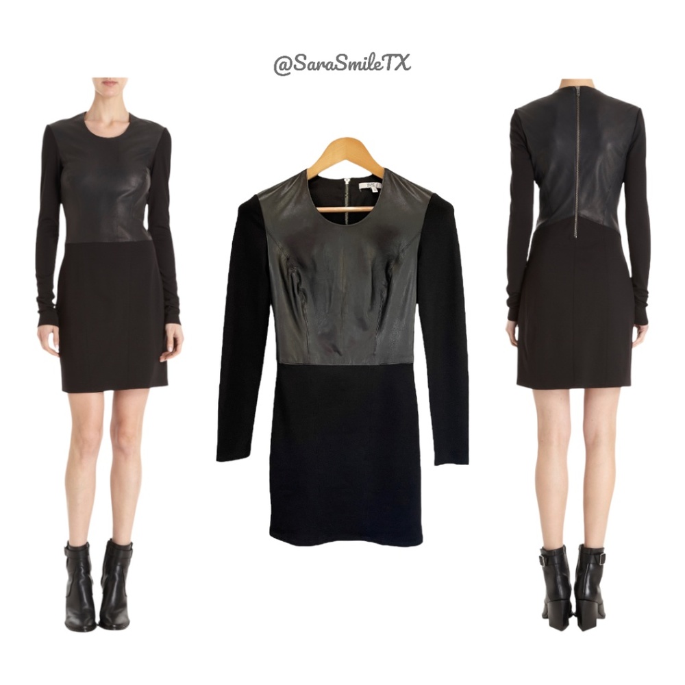 HELMUT LANG Black Lambskin Leather Panel Long Sleeve Mini Dress NWOT - Picture 1 of 16